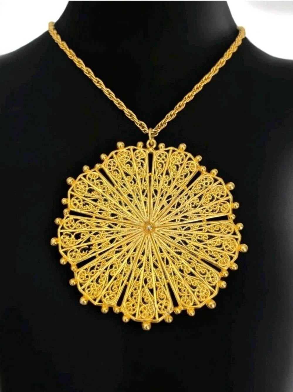 Vintage Large Filigree Sunburst Medallion Pendant Necklace Scrollwork Goldtone